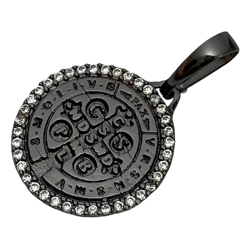 Pingente Medalha São Bento Cravejada em Zircônia (2,4cmX2,1cm) (Banho de Ônix) - Imagem 5